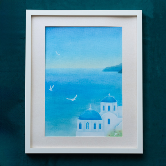 【原画フレーム付】「青の世界〜サントリーニ島〜」　パステルアート　風景画　海　手描き　ブルー　青　Blue 3枚目の画像