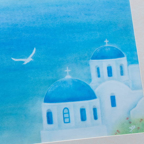 【原画】「青の世界〜サントリーニ島〜」　パステルアート　風景画　海　手描き　ブルー　青　Blue 4枚目の画像