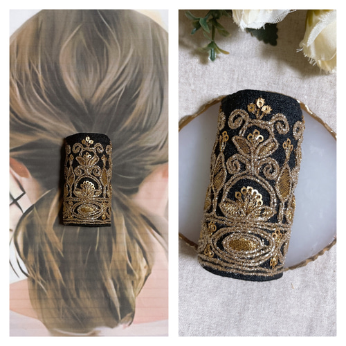 ꕤインド刺繍生地　ポニーフック　ヘアカフ　黒　アンティーク　ベロアꕤ ꕤインド刺繍生地 ポニーフック ヘアカフ 黒 アンティーク ベロアꕤ ꕤ