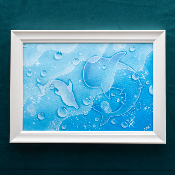 【原画】「美ら海」　ジンベイザメ　イルカ　生き物　動物　水滴　雫　青　ブルー　Blue　パステルアート　絵画 4枚目の画像
