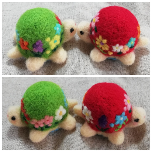 お花畑のかめさん(フレッシュグリーン)羊毛カメのオブジェ・ピン