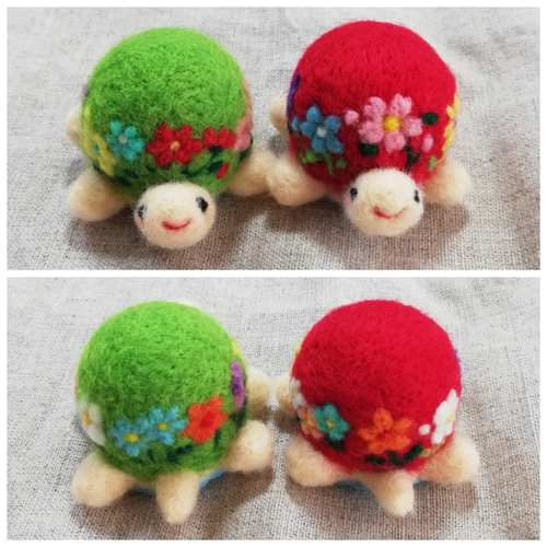 お花畑のかめさん(フレッシュグリーン)羊毛カメのオブジェ・ピン