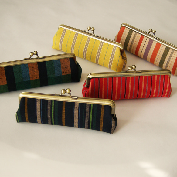 縞紬（木綿）のがま口メガネケース/ペンケース メガネケース Pojagi