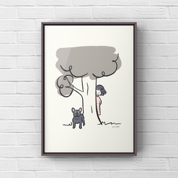 フレンチブルドッグ【かくれんぼ】A4ポスター　犬　ペット　イラスト　うちの子 2枚目の画像