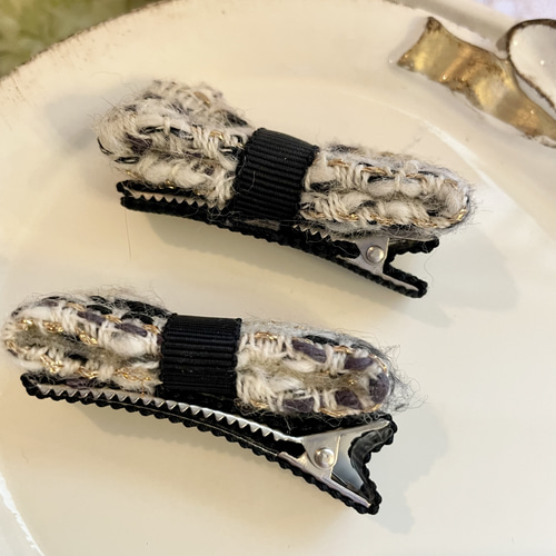 リントンツイードリボン ヘアクリップ✨キッズヘアクリップ