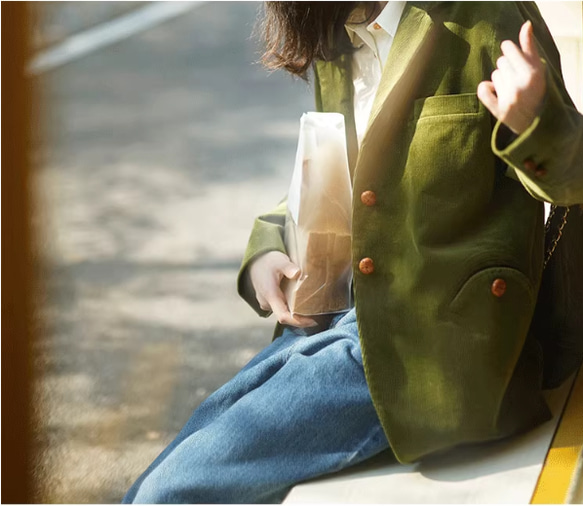 抹茶 緑 コーデュロイ コート コーデュロイ ジャケット  スプリングコート アウター ショートコート ファッション 9枚目の画像