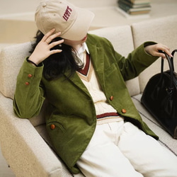 抹茶 緑 コーデュロイ コート コーデュロイ ジャケット  スプリングコート アウター ショートコート ファッション 6枚目の画像