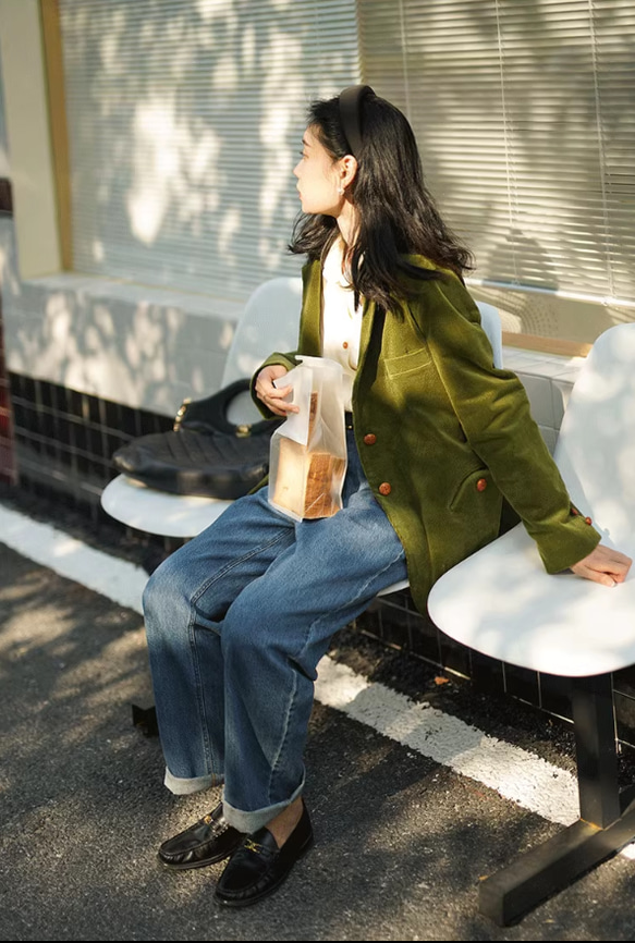 抹茶 緑 コーデュロイ コート コーデュロイ ジャケット  スプリングコート アウター ショートコート ファッション 11枚目の画像