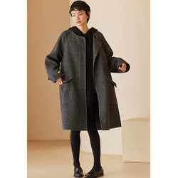 取り外し可能襟ロングコート　ウール混紡ロングコート　ウールコート　グレー　S-L#384 11枚目の画像