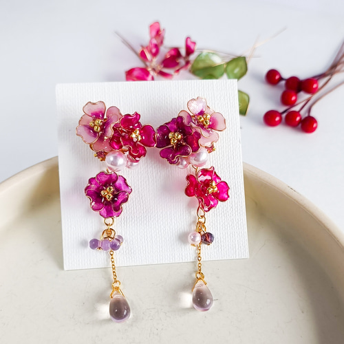 camellia 可愛いお花 * 山茶花 椿* 雫 * パール ピアス・イヤリング