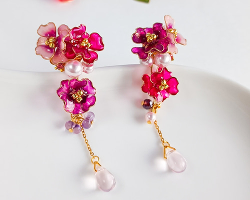 camellia 可愛いお花 * 山茶花 椿* 雫 * パール ピアス・イヤリング