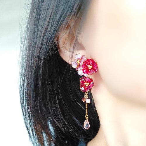 camellia 可愛いお花 * 山茶花 椿* 雫 * パール ピアス・イヤリング
