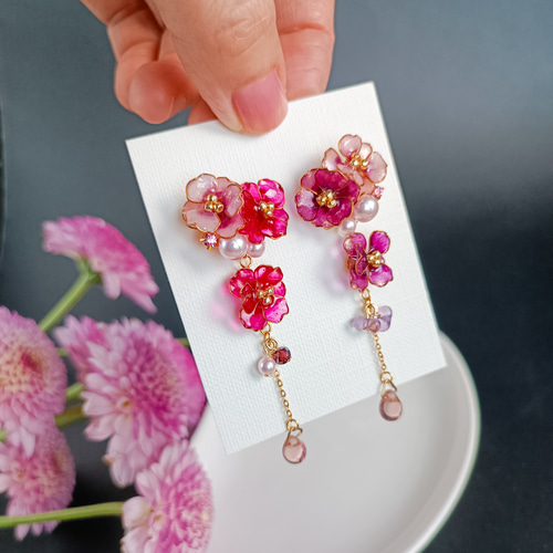 camellia 可愛いお花 * 山茶花 椿* 雫 * パール ピアス・イヤリング