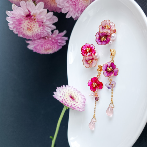camellia 可愛いお花 * 山茶花 椿* 雫 * パール ピアス・イヤリング