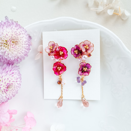 camellia 可愛いお花 * 山茶花 椿* 雫 * パール ピアス・イヤリング 