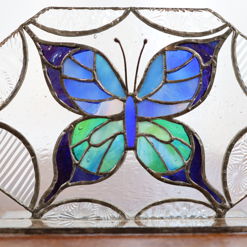 青い蝶々のガラスの標本 ✤ ＜ステンドグラス＞ ✤ 立体・オブジェ m