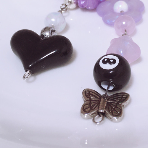 ビーズキーホルダー 紫 パープル 韓国 量産 くま ハート ピンボール 花