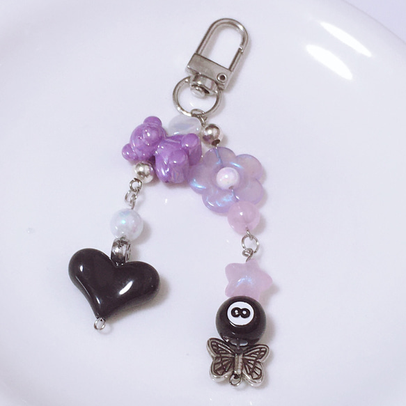 ビーズキーホルダー 紫 パープル 韓国 量産 くま ハート ピンボール 花