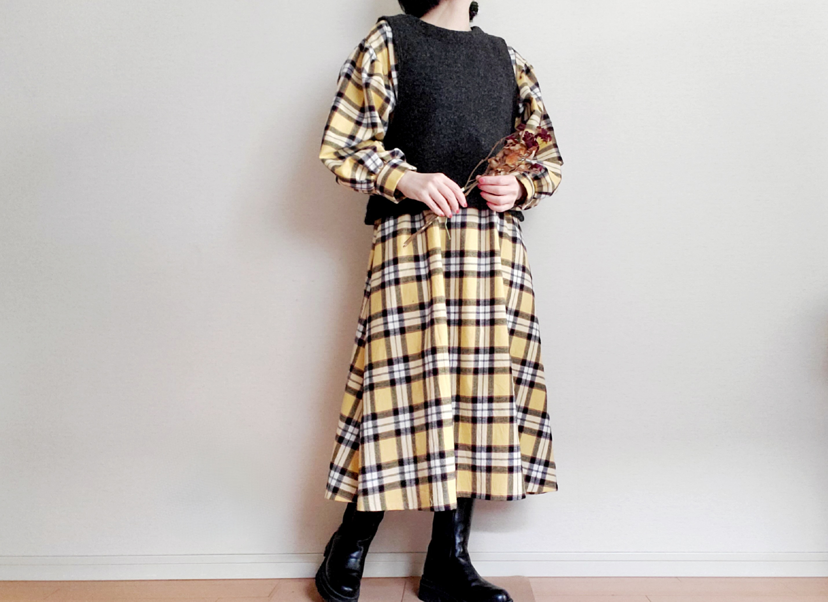 ラスト一着！ふんわり暖かい♡ポワンとしたお袖がかわいい一枚できまる起毛チェックのワンピース　ポケ丈選べます♪