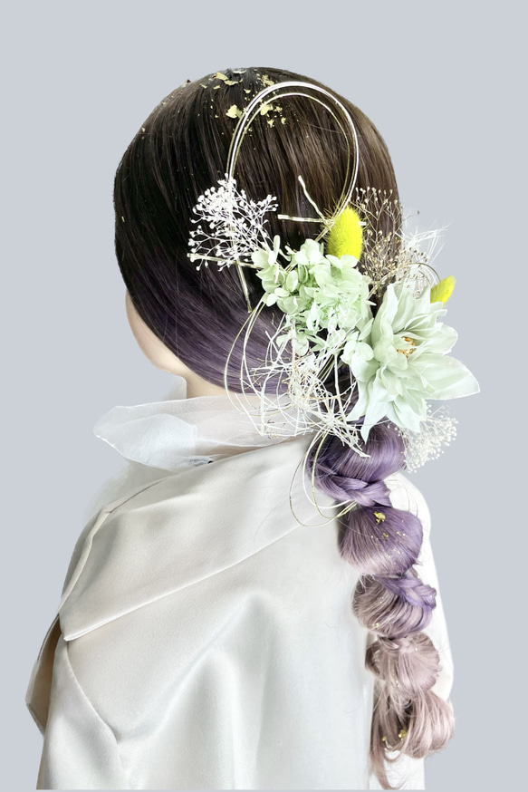 髪飾り(ダリア/グリーン) 水引 金箔 成人式 前撮り 卒業式 結婚式 4枚目の画像