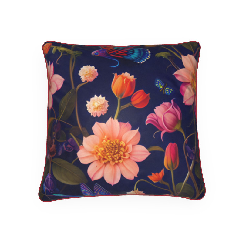 北欧のカラフルで色鮮やかな花柄に飛び交う神秘的な蝶のような鳥 ラグジュアリークッション