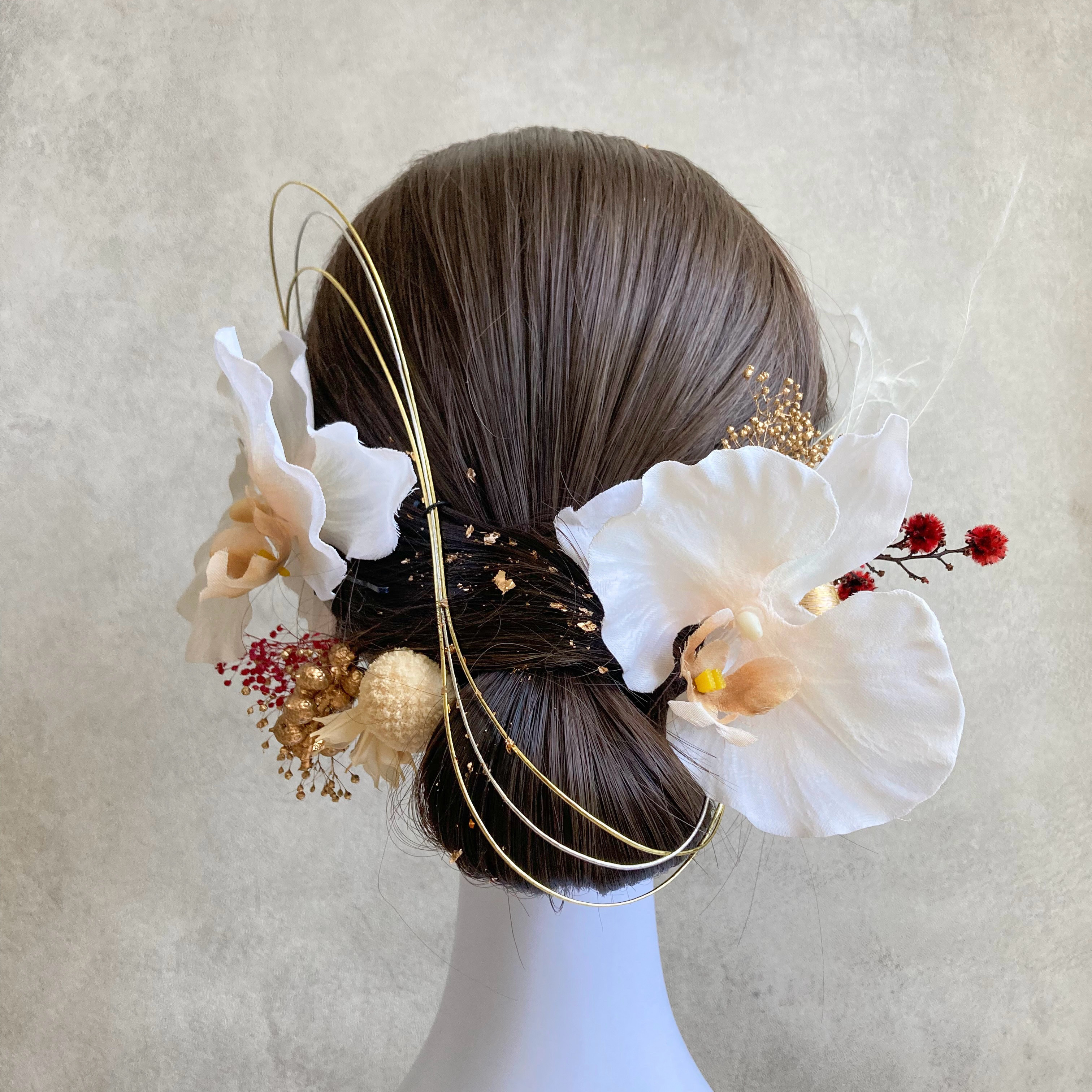 フリル胡蝶蘭髪飾り 白無垢髪飾り　胡蝶蘭 髪飾り 成人式髪飾り 和装髪飾り 結婚式髪飾り 卒業式  振袖　袴　色打掛