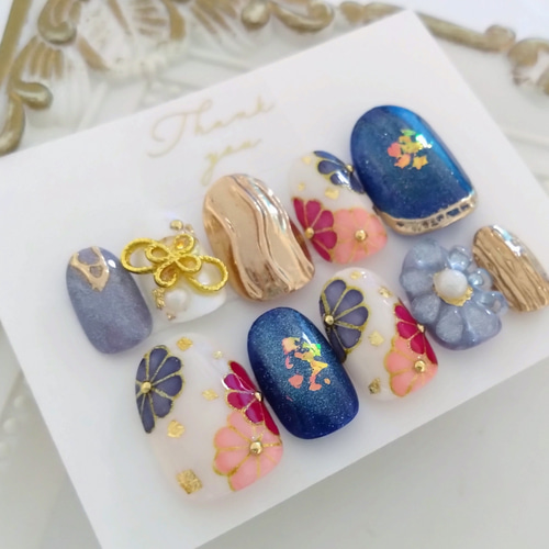 M*中様 一点もの 【レア】ヴィンテージ 18k マルチカラー サファイア ネッ うるつやの青のマグネットジェルと赤とピンクの菊模様の金
