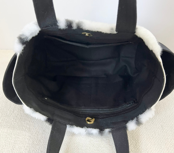 【Sサイズ】ダルメシアン柄　ボア　8号帆布使用　手提げバッグ　サイドポケット付き　akaneko 小さめバッグ 6枚目の画像