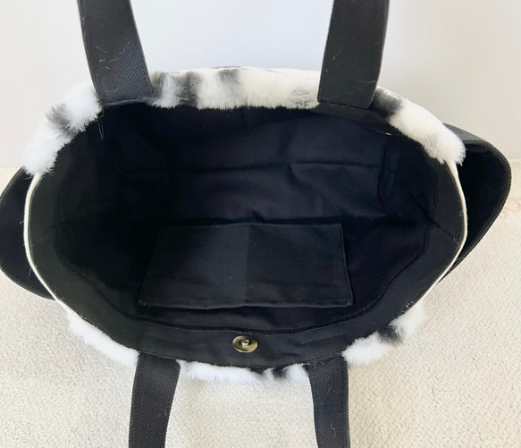 【Sサイズ】ダルメシアン柄　ボア　8号帆布使用　手提げバッグ　サイドポケット付き　akaneko 小さめバッグ 7枚目の画像