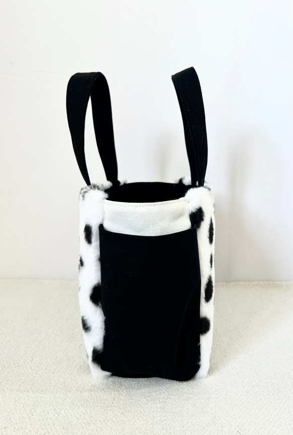 【Sサイズ】ダルメシアン柄　ボア　8号帆布使用　手提げバッグ　サイドポケット付き　akaneko 小さめバッグ 4枚目の画像