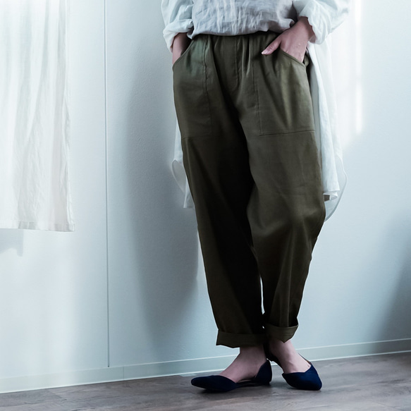 【亞麻褲】一年四季都可以穿的舒適亞麻麵包褲 Solotex/卡其色 b026a-khk2 第4張的照片