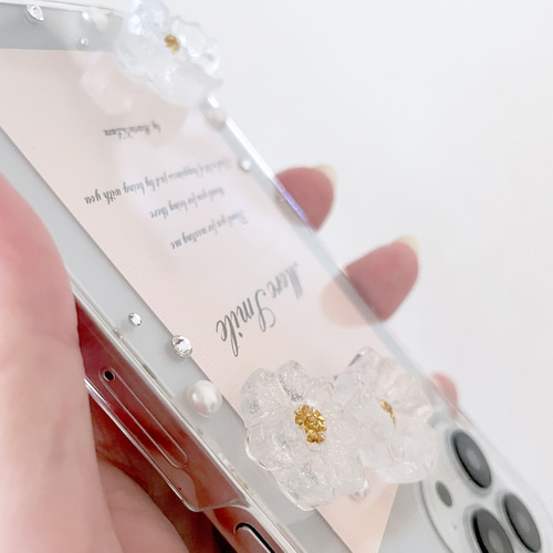 iPhone スマホカバー デコ 硬質ケース レジン ハンドメイド 全機種対応 Snow Clear Flowe スマホケース レジン デコ iPhone15pro