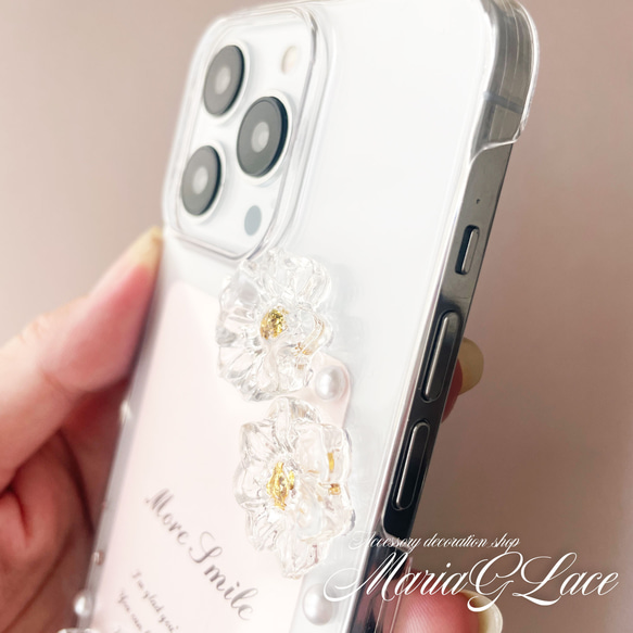 全機種対応 Snow Clear Flowe スマホケース レジン デコ iPhone15pro iPhone14 9枚目の画像