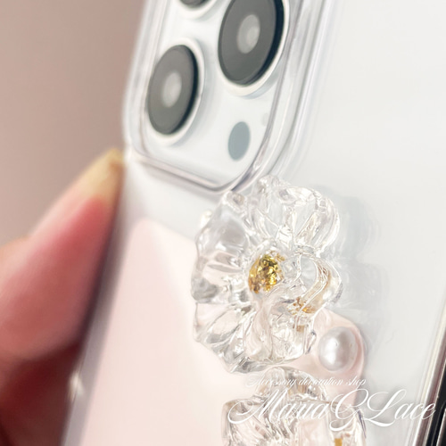 全機種対応 Snow Clear Flowe スマホケース レジン デコ iPhone15pro