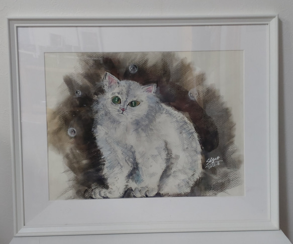 猫絵画スケッチパステル額 1枚目の画像