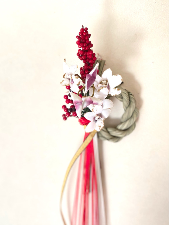 お正月飾りシンプル　デンファレ　紅白水引 3枚目の画像