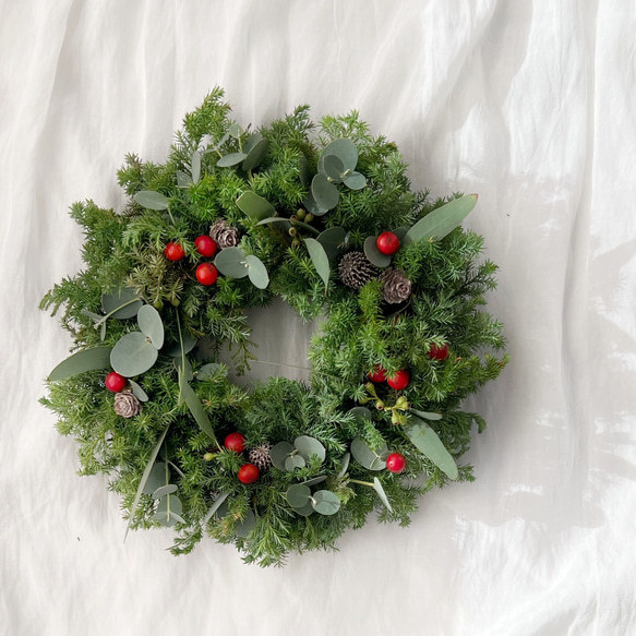フレッシュグリーン クリスマスリース サンキライ 綿の実 リース