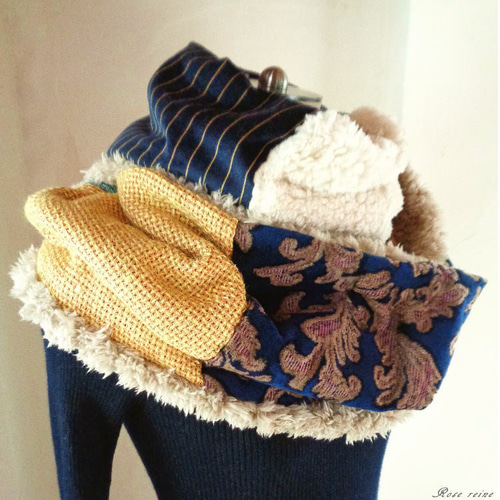 絵画なパッチワーク♥ふわふわボリュームスヌード♥ネイビー イエロー エクリュ 絵画なパッチワーク♥ふわふわボリュームスヌード♥ネイビー
