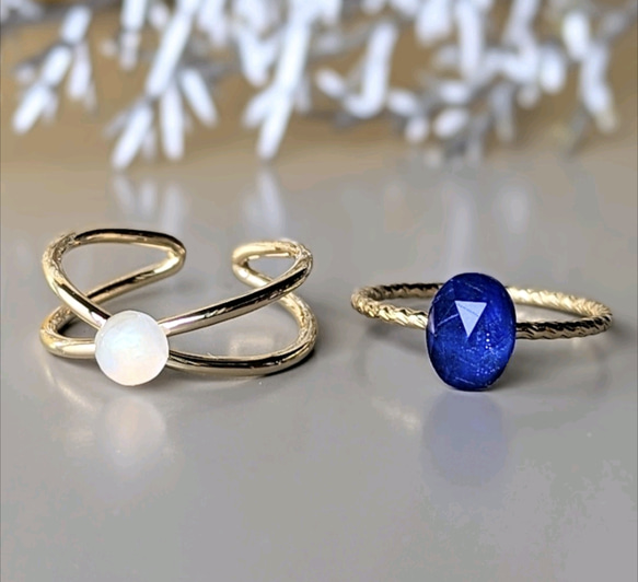 母親節早鳥 ✿ 天然石（寶石品質 AAA）青金石和彩虹藍月光石雙戒指/W 戒指 第2張的照片