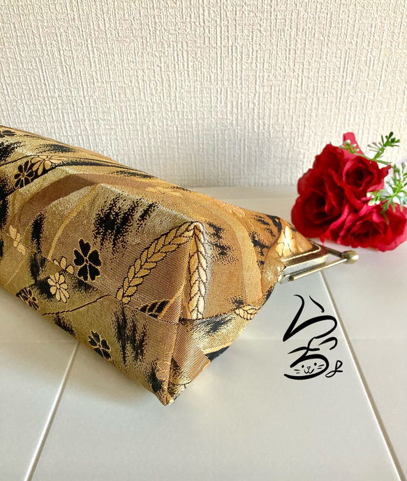 【kimono】帯リメイク 金×花 変わりがま口バッグ 8枚目の画像