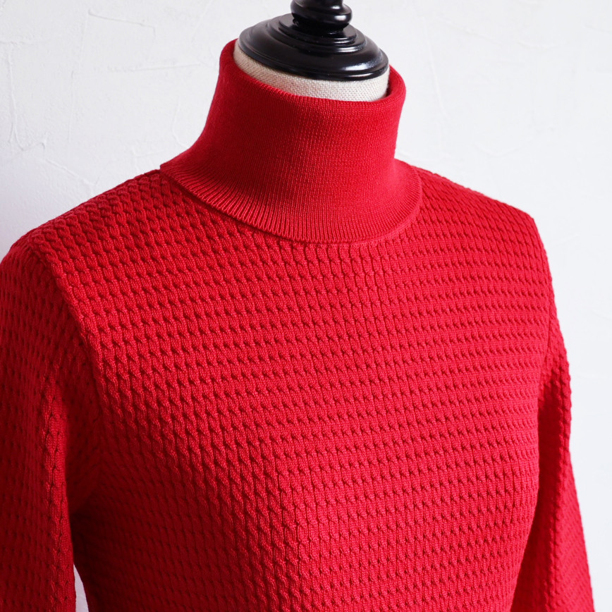 【色が選べる◎】エアーウール 細ケーブル柄 タートルニットプルオーバー【レッド】