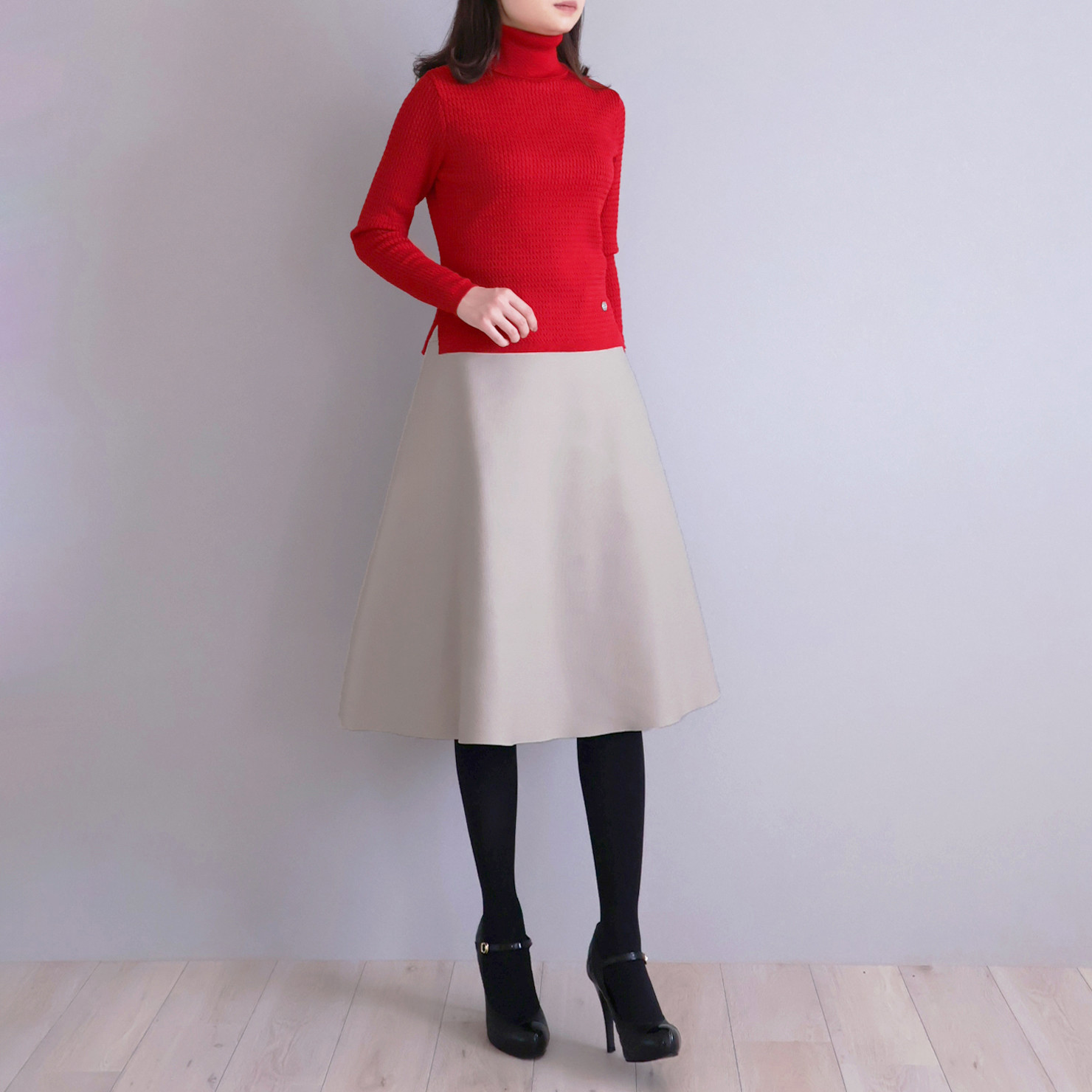 【色が選べる◎】エアーウール 細ケーブル柄 タートルニットプルオーバー【レッド】