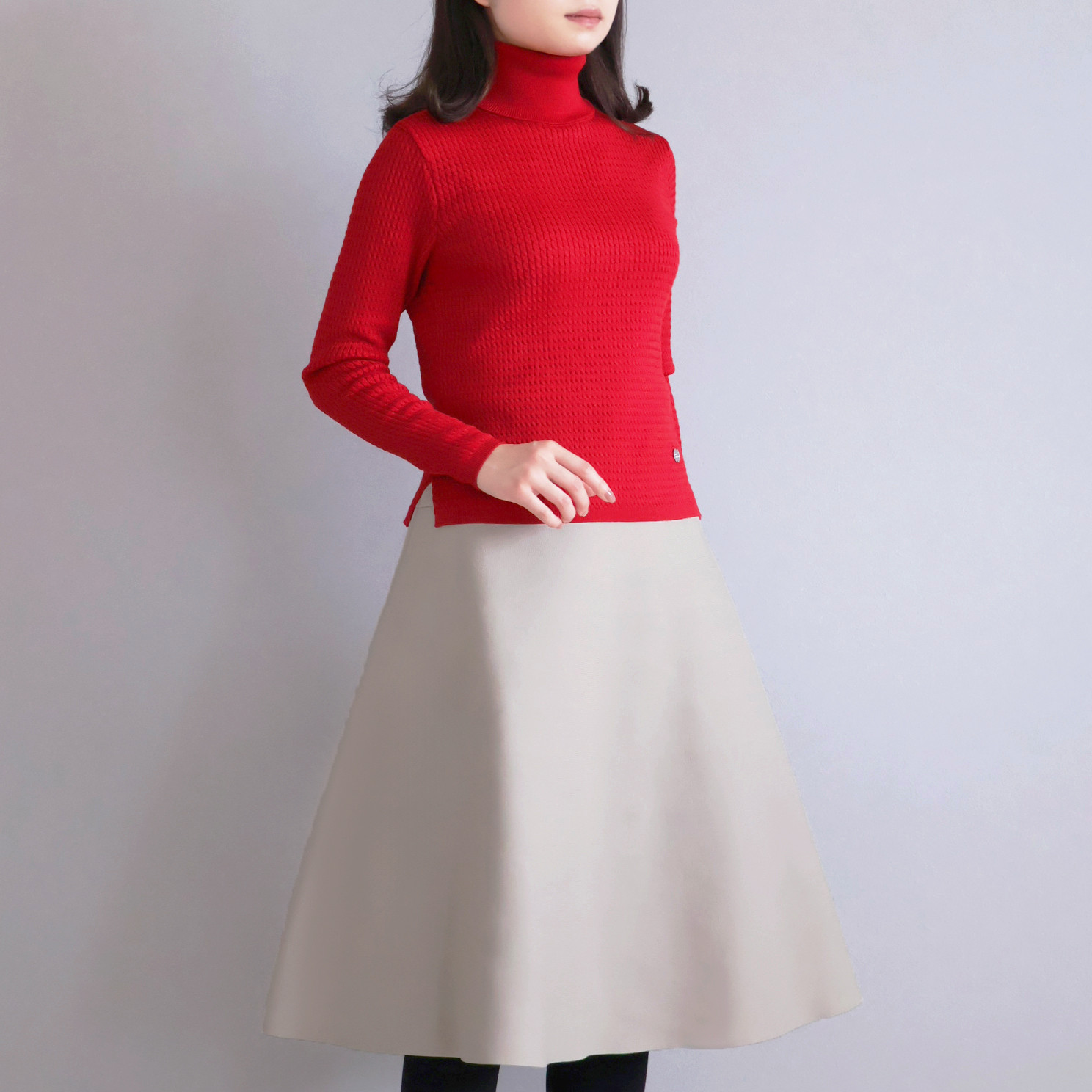 【色が選べる◎】エアーウール 細ケーブル柄 タートルニットプルオーバー【レッド】