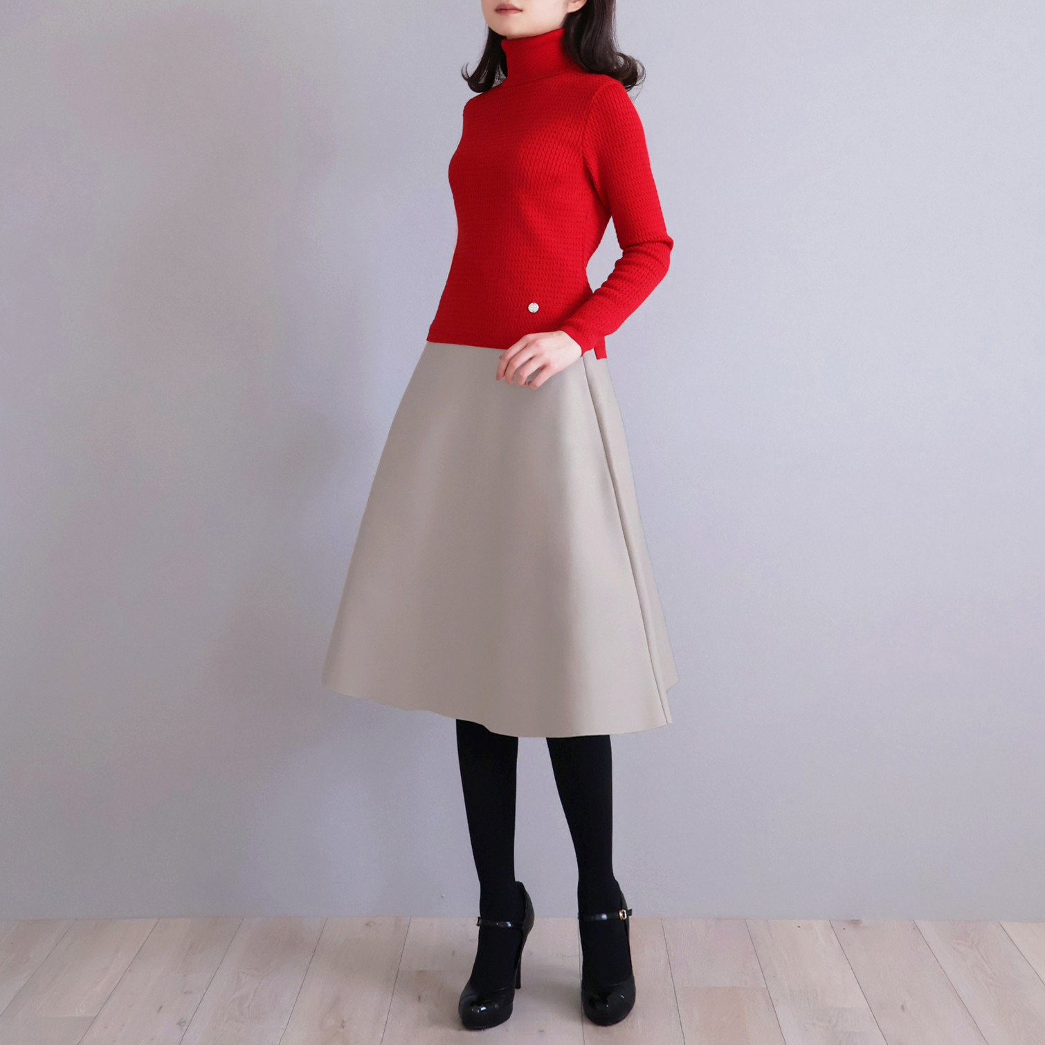 【色が選べる◎】エアーウール 細ケーブル柄 タートルニットプルオーバー【レッド】