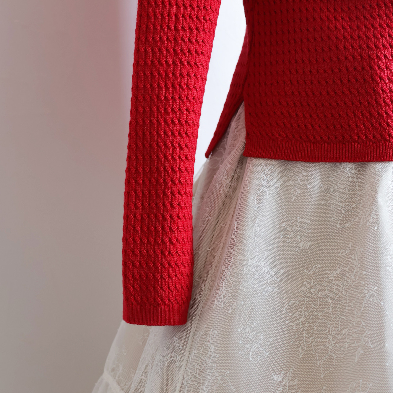 【色が選べる◎】エアーウール 細ケーブル柄 タートルニットプルオーバー【レッド】