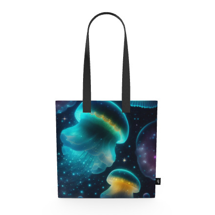 深海のような宇宙で泳ぐ幻想的でゆめかわいいきらびやかなクラゲ キャンバストートバッグ