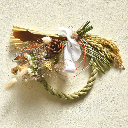 稲穂垂れるナチュラルなしめ縄飾り お正月ドライフラワー しめ縄