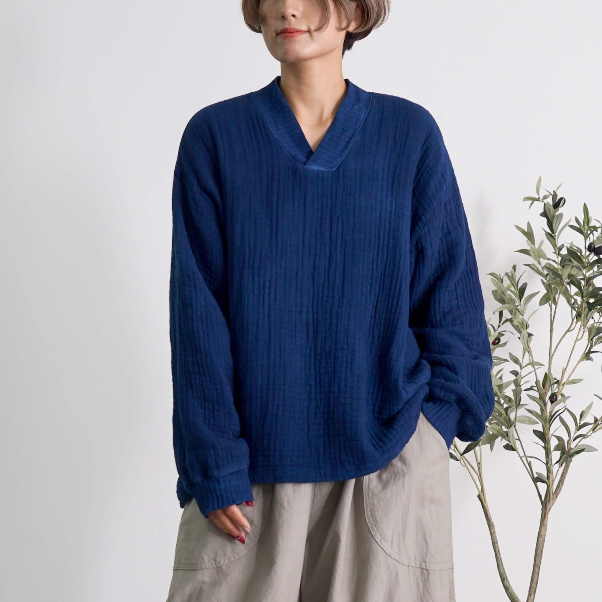 Vネックもこもこガーゼプルオーバー/ネイビー/三河織物6重ガーゼ