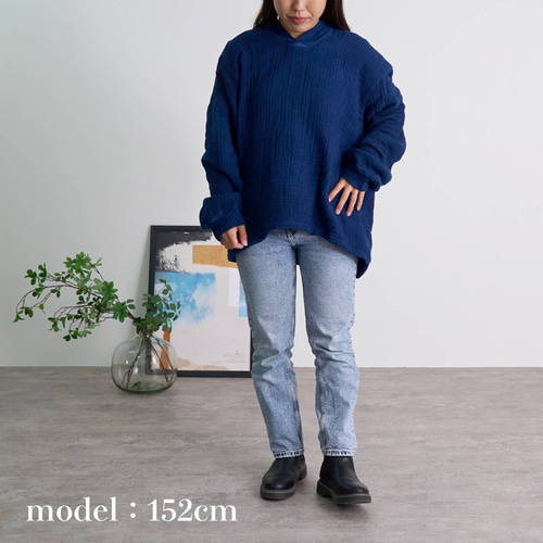 Vネックもこもこガーゼプルオーバー/ネイビー/三河織物6重ガーゼ