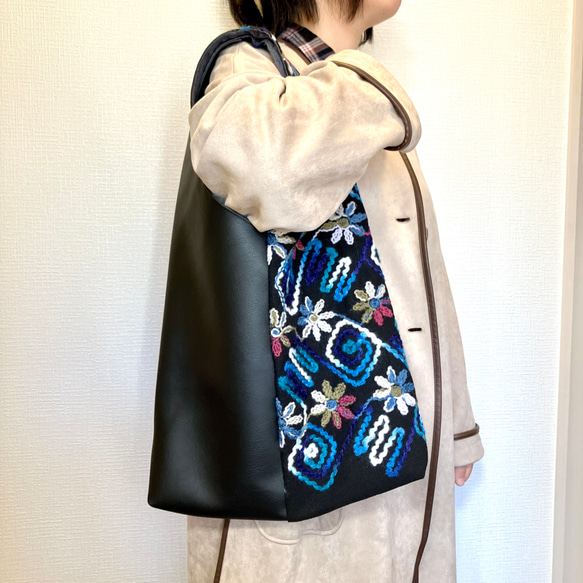 数量限定　ウール刺繍生地×日本製フェイクレザー　ワンショルダートートバッグ　ワンショルダー　 3枚目の画像